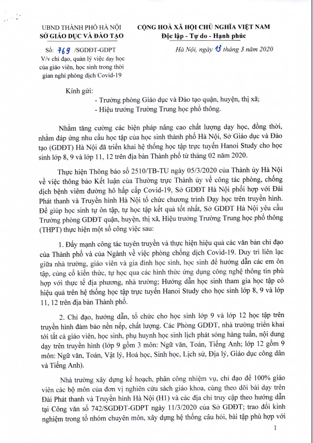 Công văn 769-SGD-GDPT ngày 13/3/2020 của Sở Giáo dục Hà Nội về việc quản lí dạy học của giáo viên và học sinh trong thời gian nghỉ học phòng dịch Covid 19