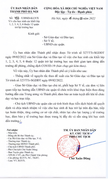 Công văn Của Sở GDĐT Hà Nội về việc cho học sinh khối 1 đén khối 6 của 12 quận quay trở lại trường học