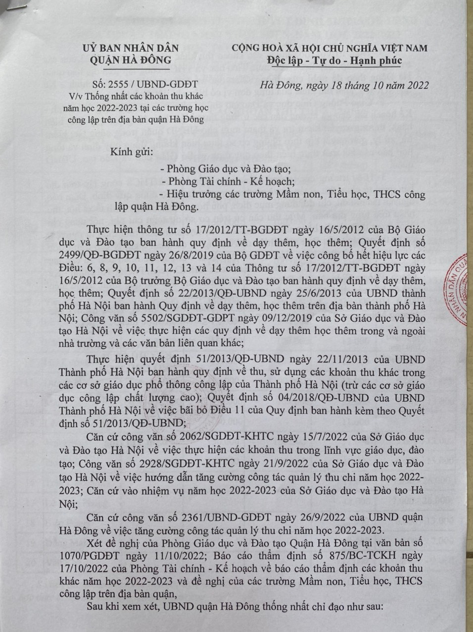 Thông báo Công khai  theo công văn 2555/UBND-PGDĐT ngày  18/10/2022 của UBND quận Hà Đông