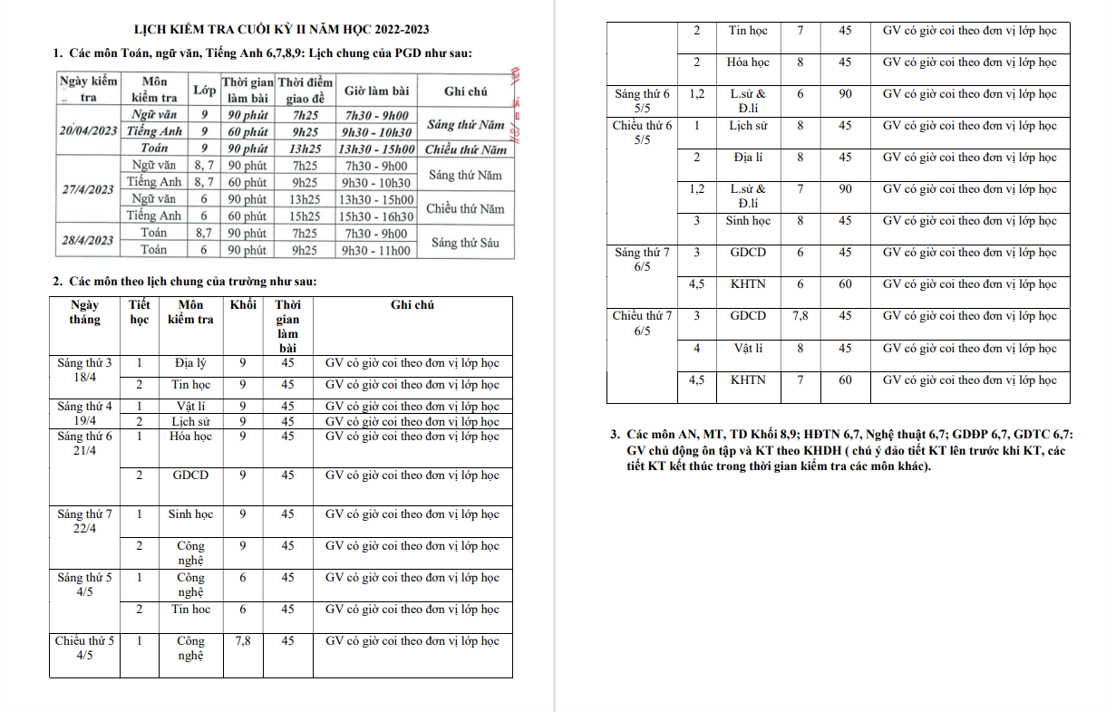 LỊCH THI HỌC KÌ II NĂM HỌC 2022 2023