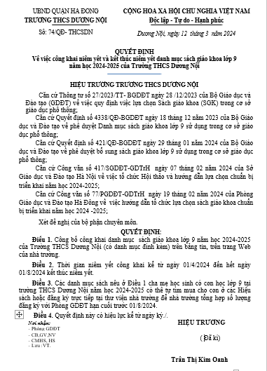 QUYẾT ĐỊNH CÔNG KHAI NIÊM YẾT VÀ NIÊM YẾT DANH MỤC SÁCH GIÁO KHOA LỚP 9 NĂM HỌC 2024-2025