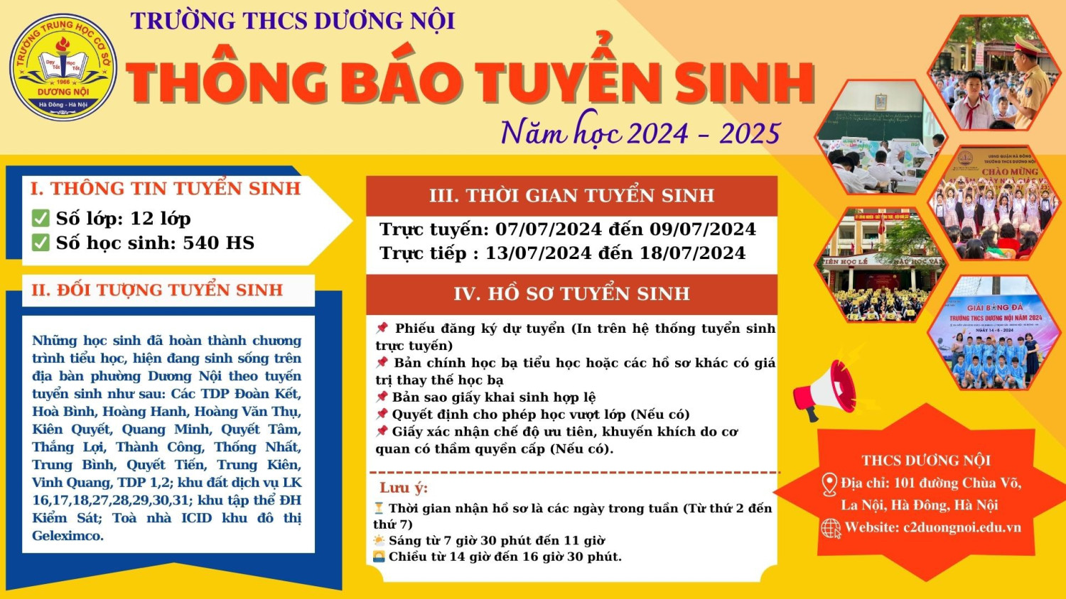 Trường THCS Dương Nội thông báo tuyển sinh vào lớp 6 năm học 2024-2025